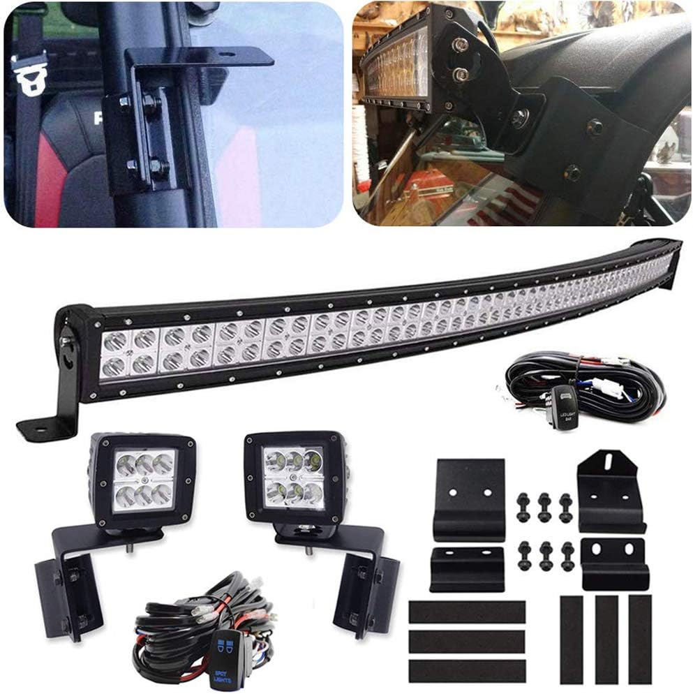 LED Light Bar Mount Windshield Kit 50 288W Curved Front Pillar Side 2x 18W 3 Cube Lights Brackets w/ 2x Wiring Kit Full Size Pro-Fit Cage Upper For 2013-2021 Polaris Ranger XP 1000 900 570 D594377