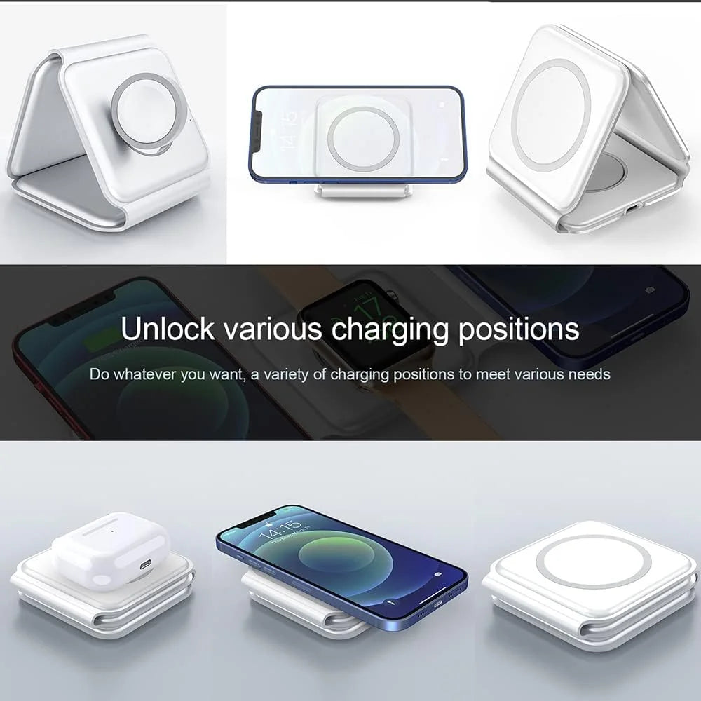 3 in 1 Magnetic Wireless Charging Stand with Cable for iPhone AirPods iWatch Android, White U7187