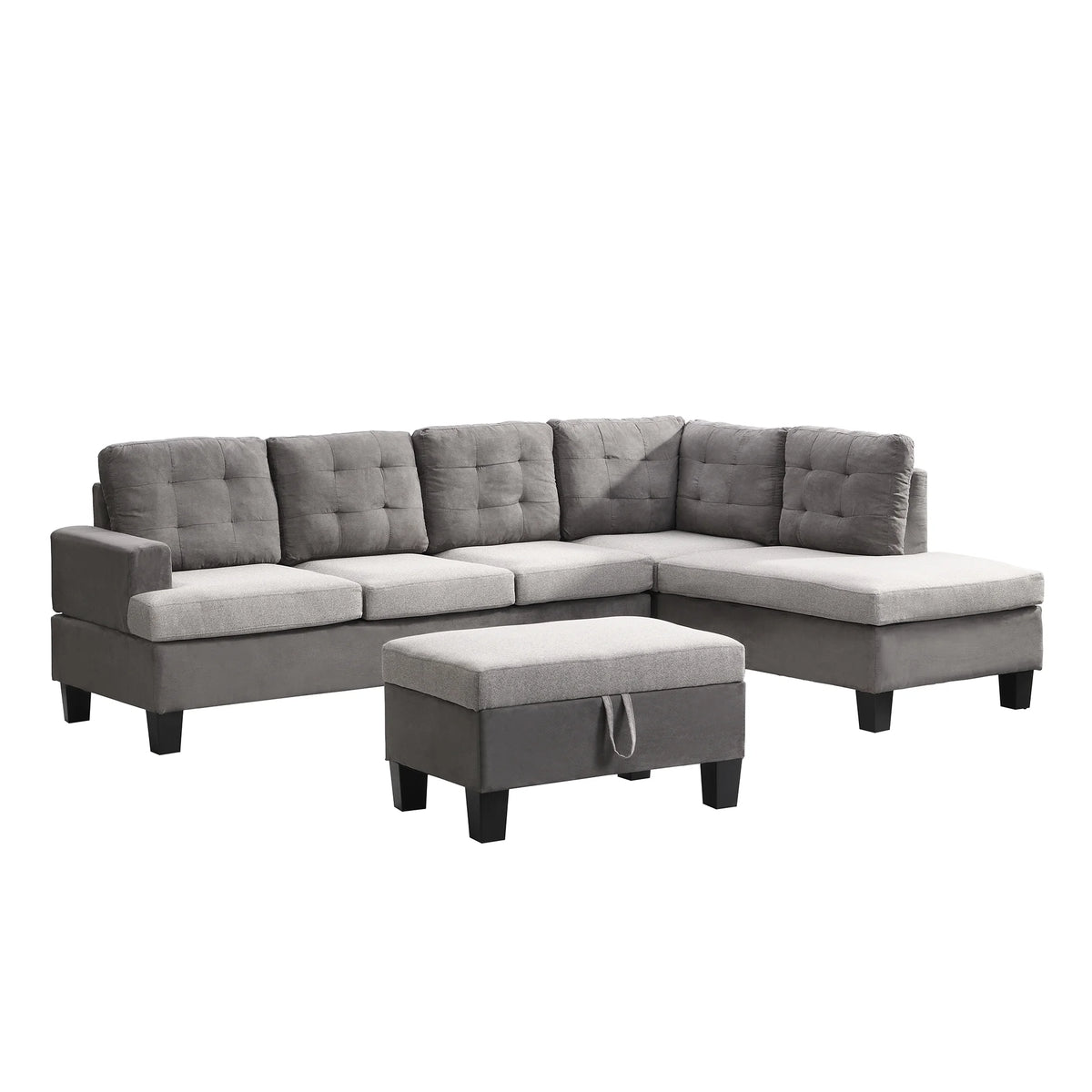Gray Sofa Set with Chaise Lounge and Storage Ottoman O546