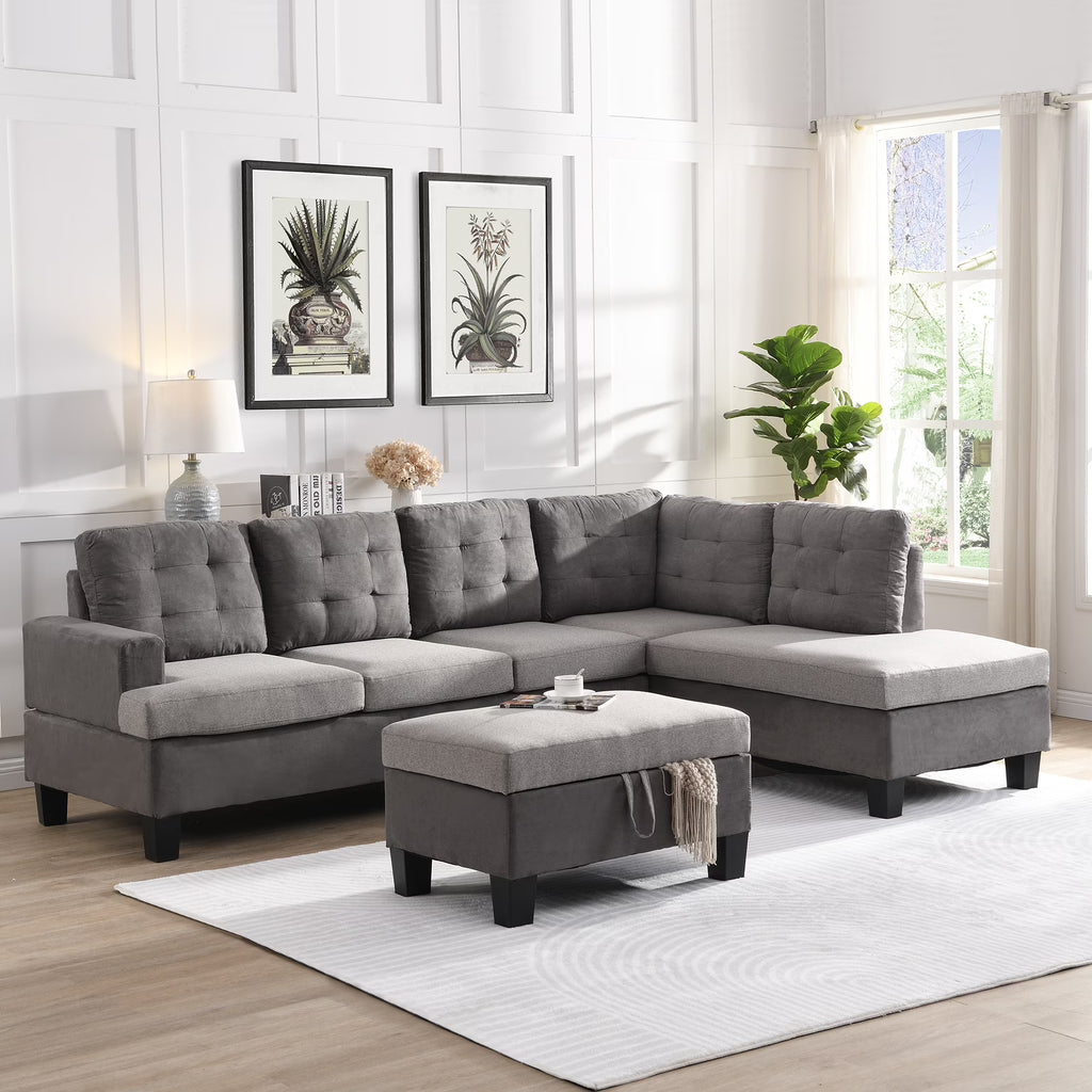 Gray Sofa Set with Chaise Lounge and Storage Ottoman O546
