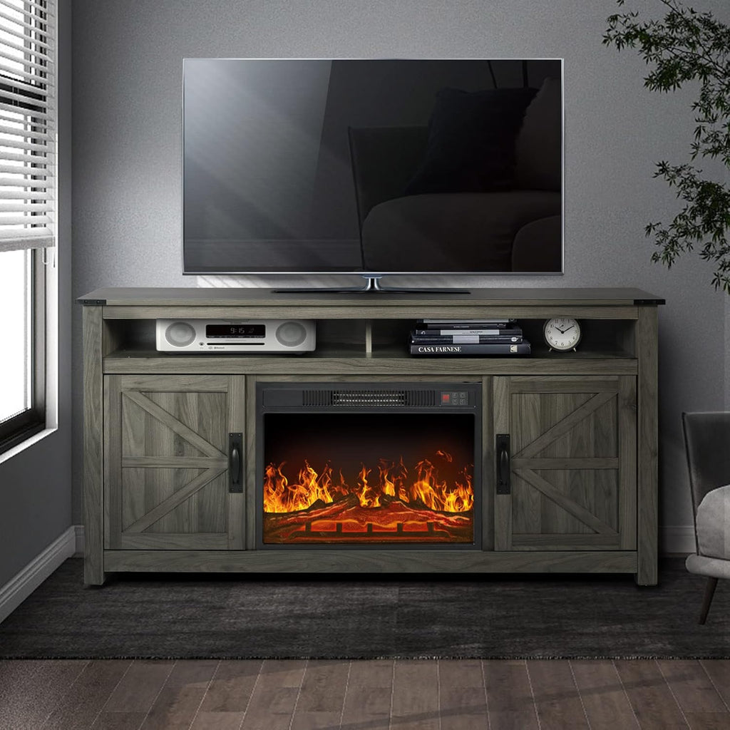 Rustic Brown Barn Door TV Stand with 2 Storage Cabinets and Open Shelves E48121