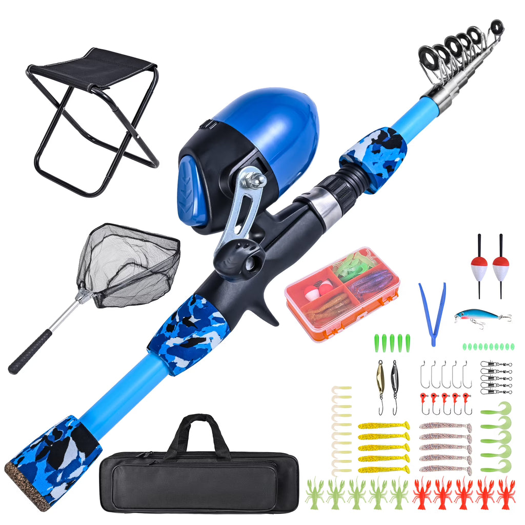Kids Fishing Rod and Reel Combo with Collapsible Stool and Tackle Box D808