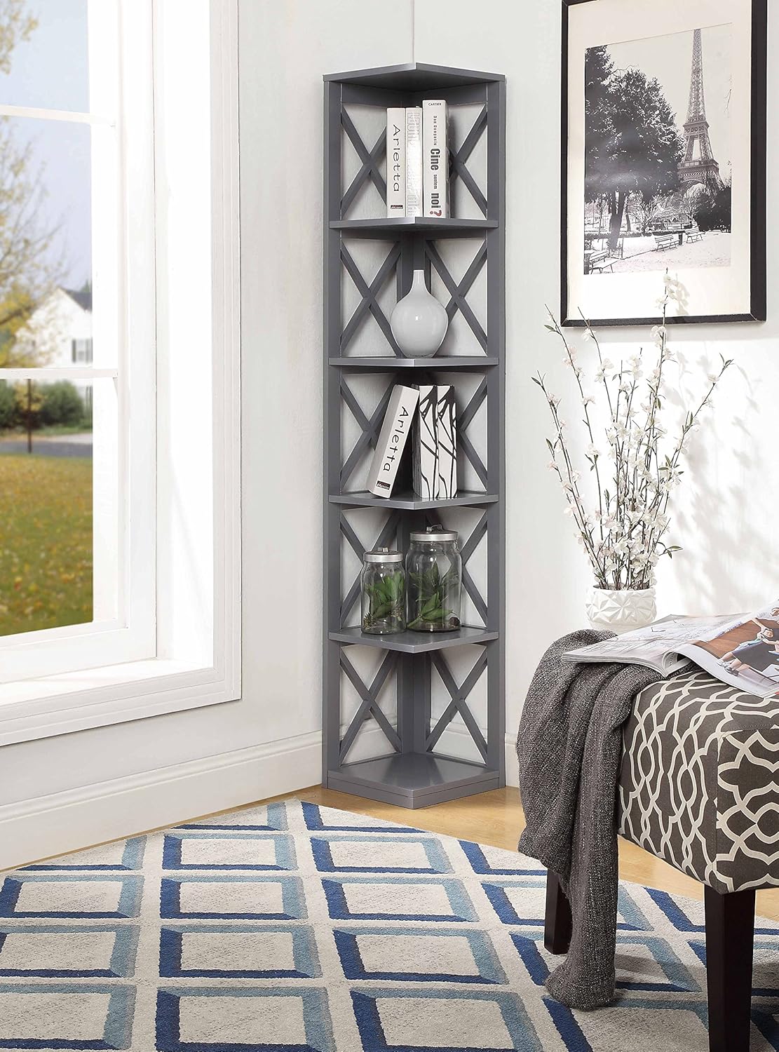 5 Tier Corner Bookcase, Gray Z661
