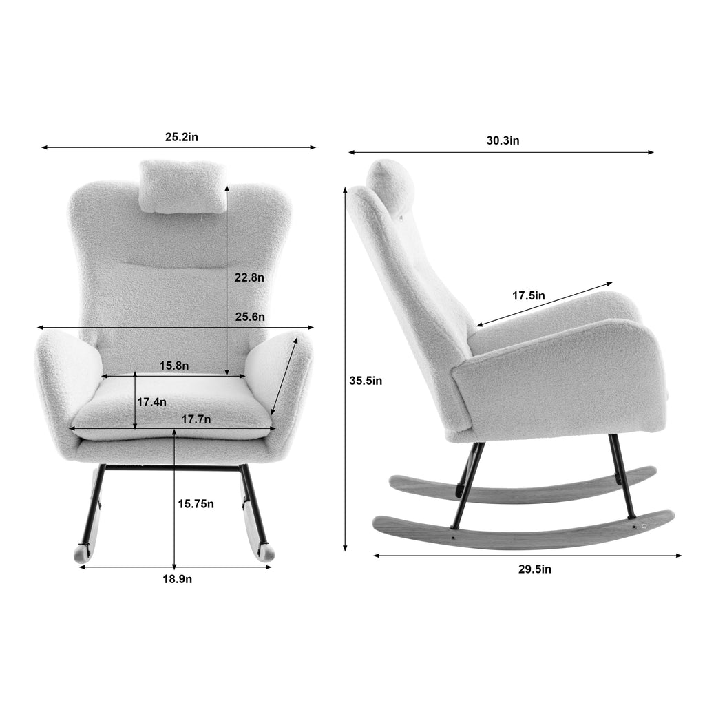 White Teddy Velvet Fabric Rocking Chair with Solid Wood Base B4975