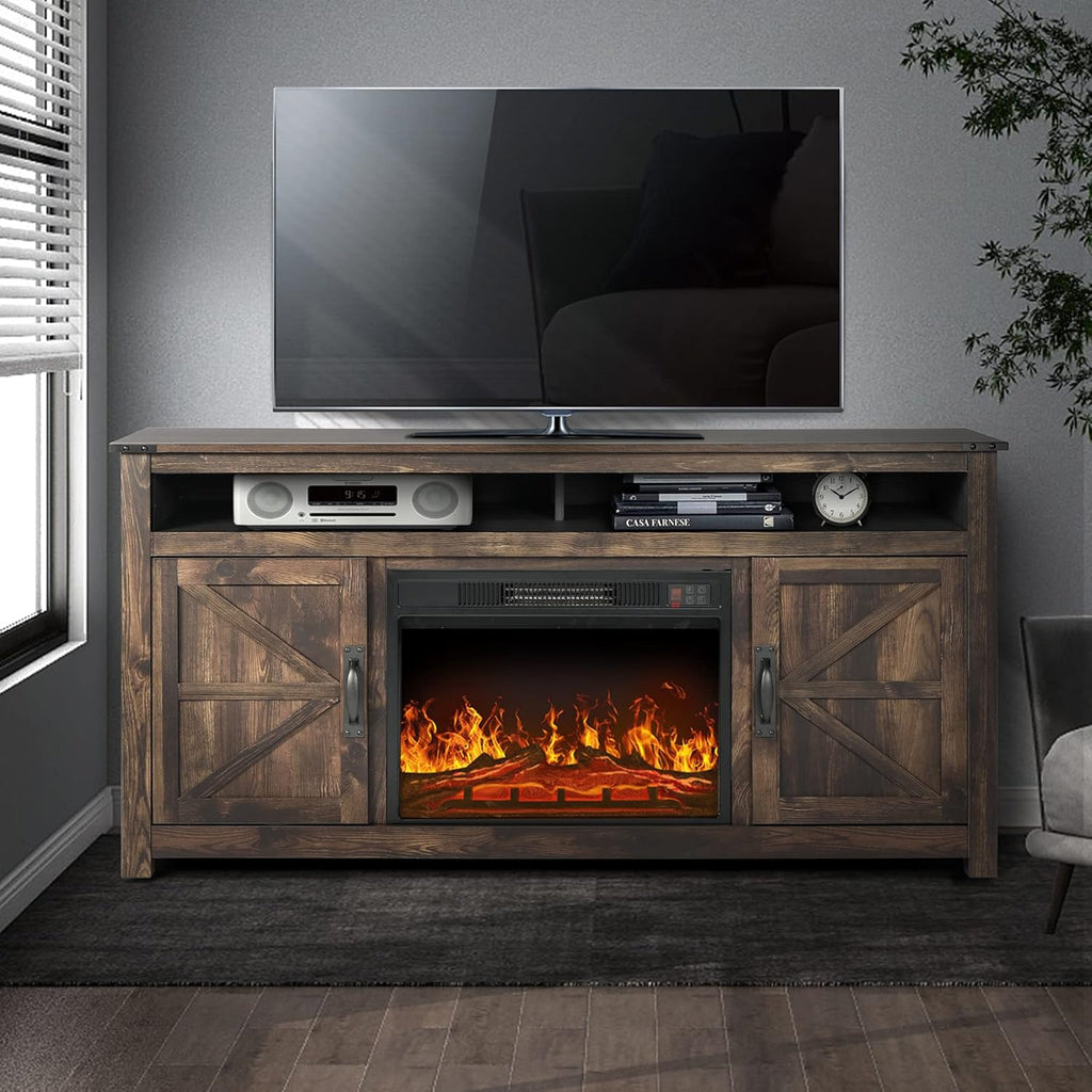 Rustic Brown Barn Door TV Stand with 2 Storage Cabinets and Open Shelves E48121