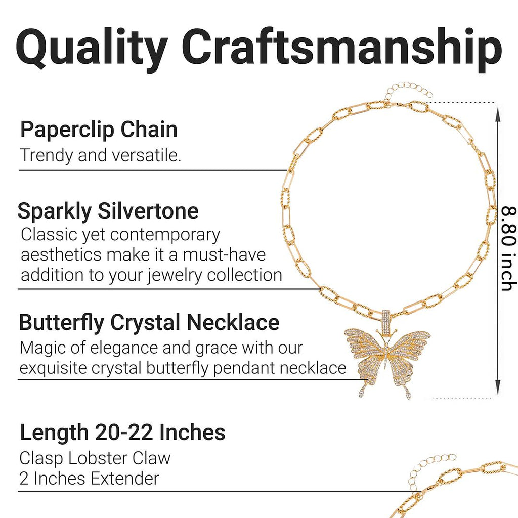 White Crystal Goldtone Butterfly Pendant Necklace 20-22" G7175