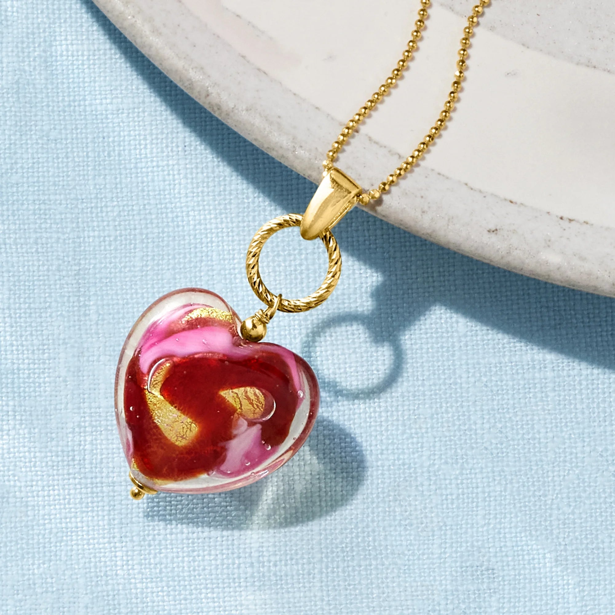 Italian Red and Pink Murano Glass Heart Pendant Necklace in 18kt Gold Over Sterling A440