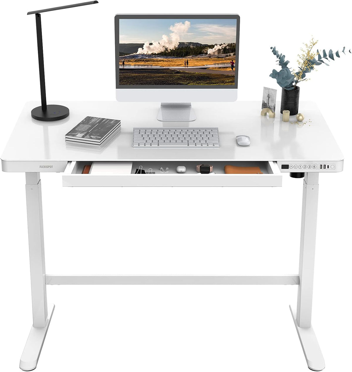 Electric Height Adjustable Standing Desk with Drawers 48 Inches Red Oak Desktop White Frame V706517
