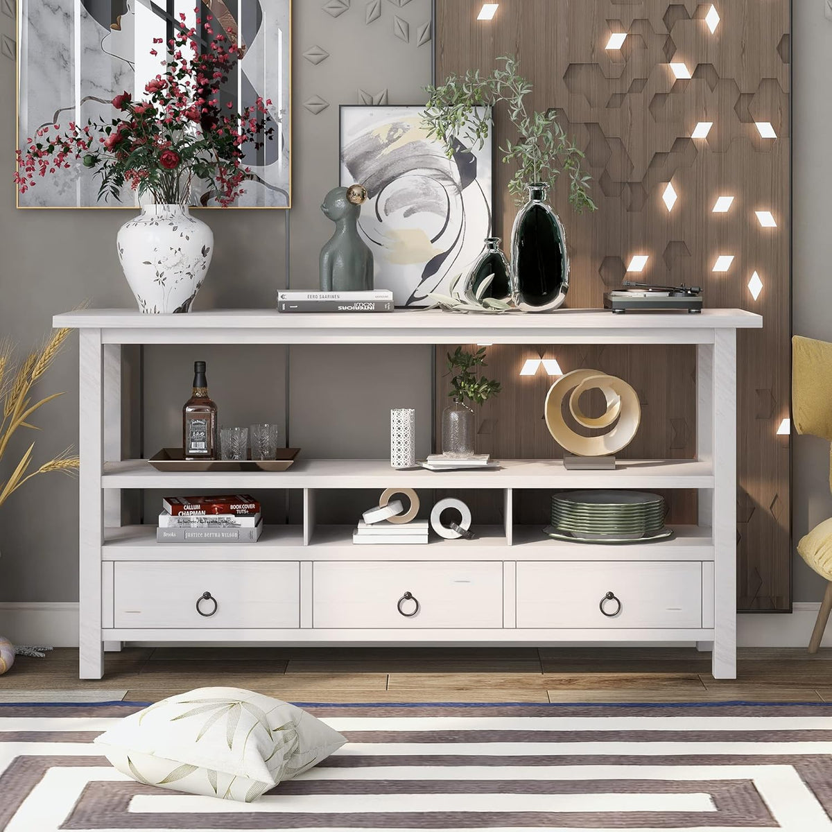 Navy Blue 6 Drawers Console Table with Cabinet and Shelf W15422