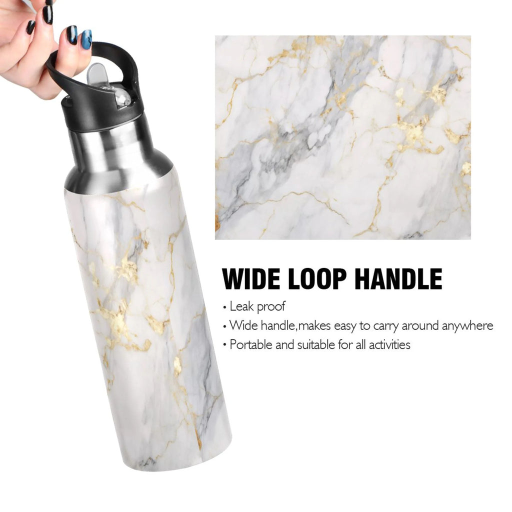 White and Golden Marble Stainless Steel Insulated Water Bottle with Straw Lid J7664