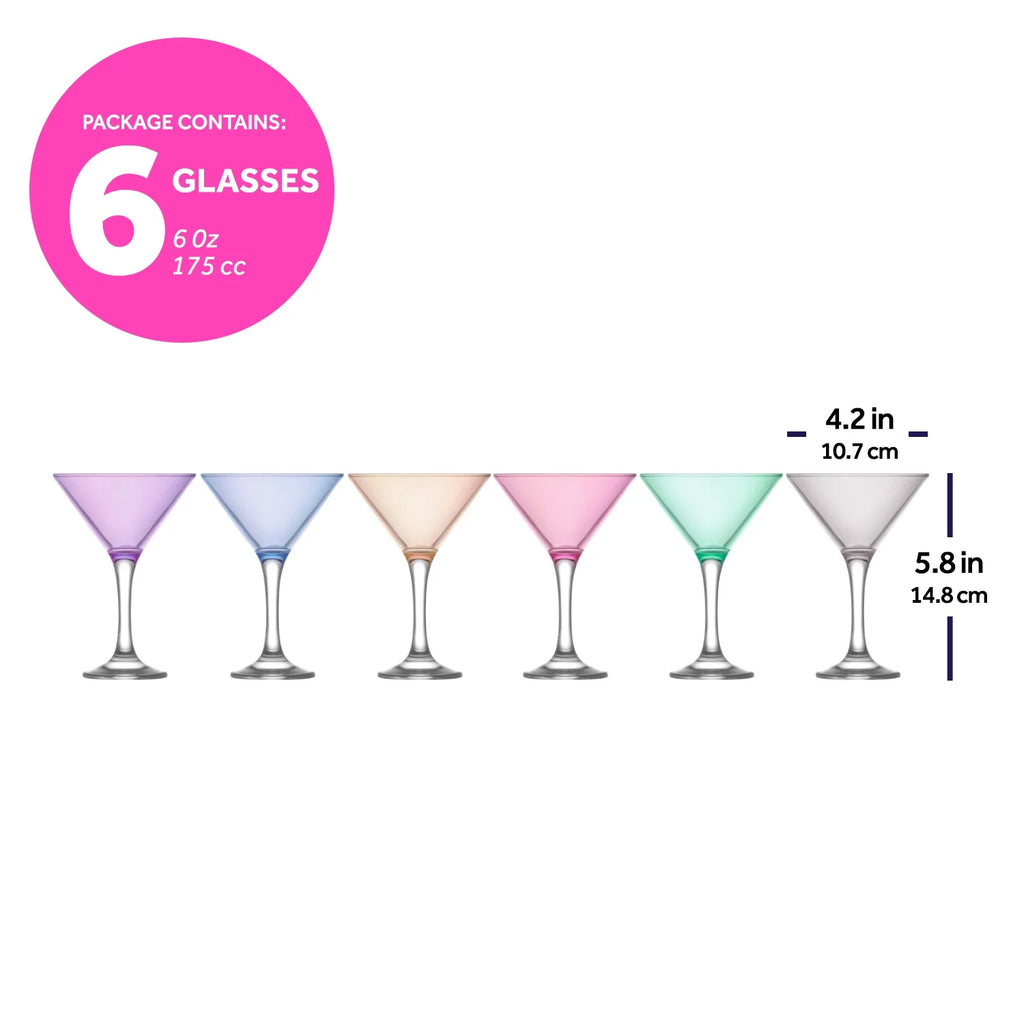 6 oz Multi Colored Martini Glasses Set of 6 Y6511