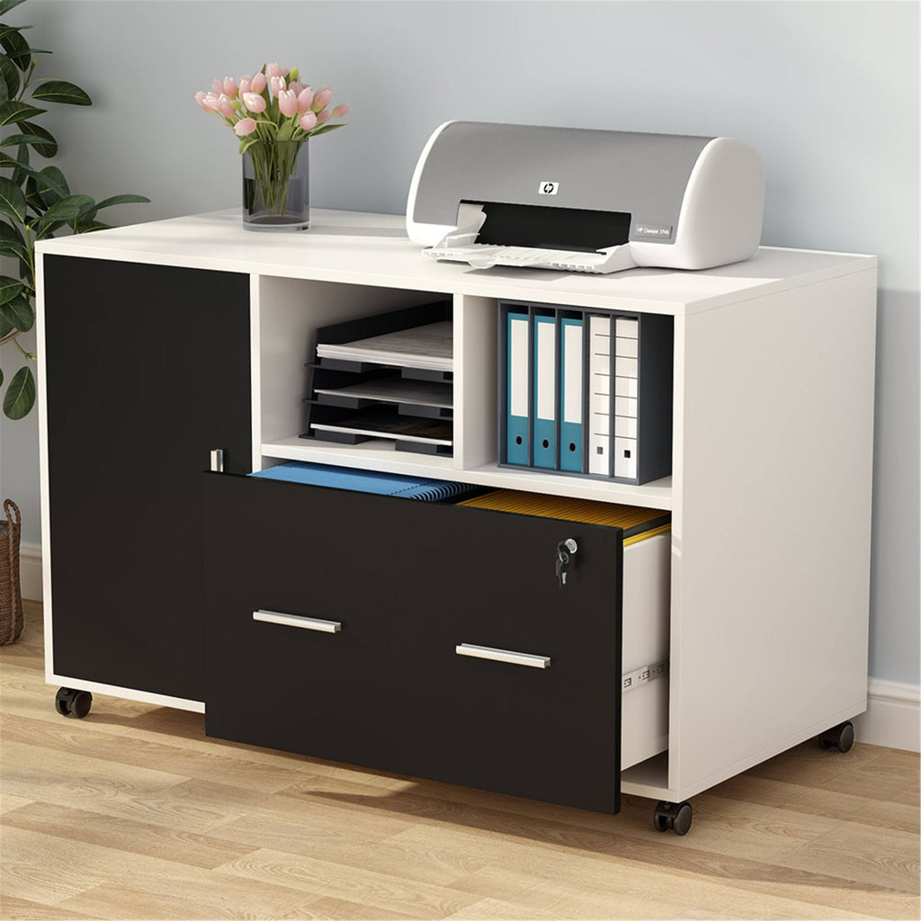 Black Mobile Lateral File Cabinet with Lock and Drawer B8188