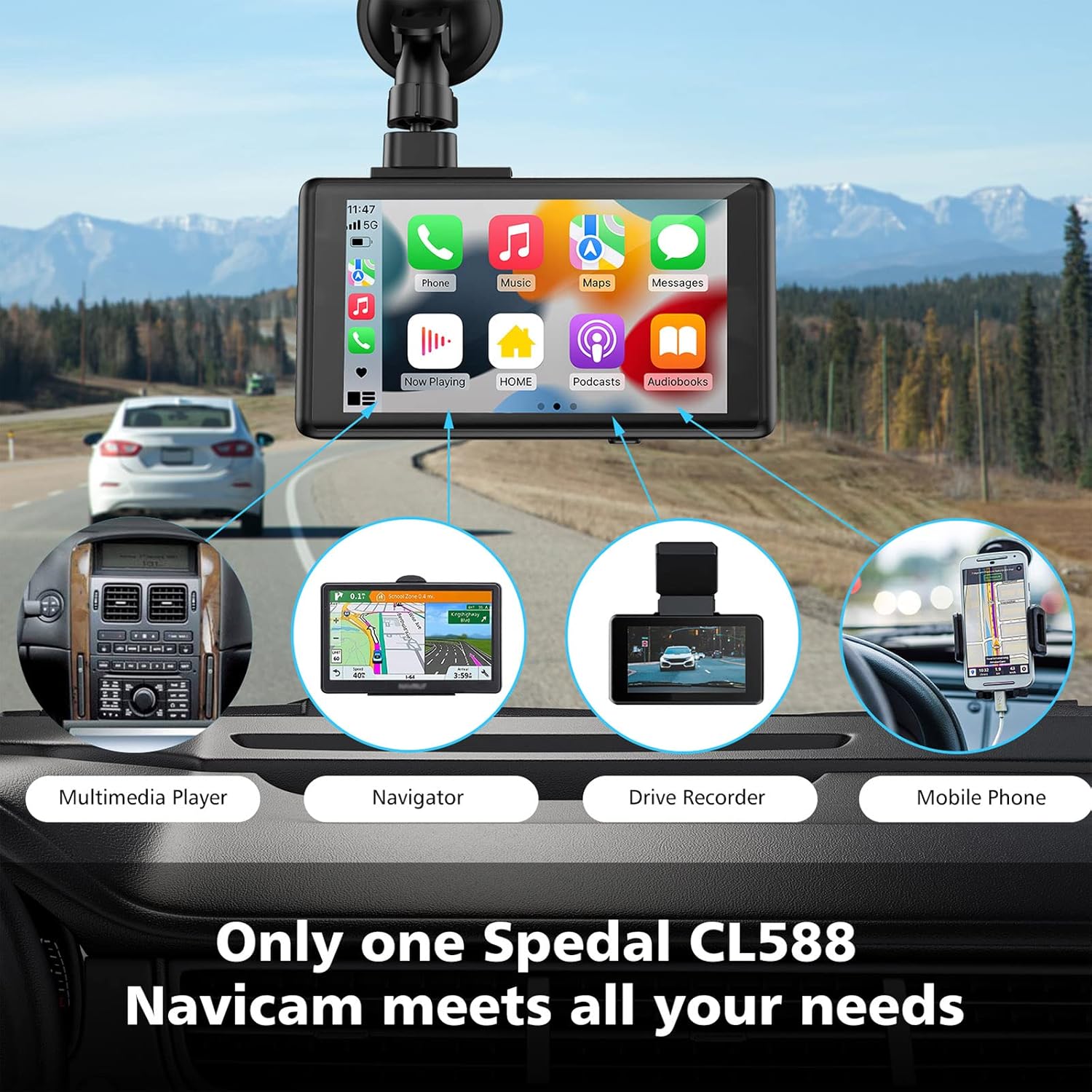 Dash Cam with Navigation, 1080P Front and Rear Cameras, 5 Touchscreen W93308