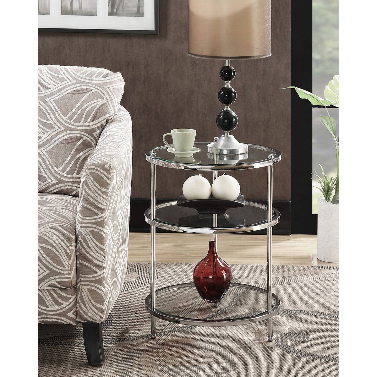 Three Tier Round End Table in Chrome/Glass B886