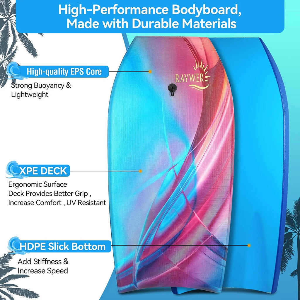 Lightweight Body Board with EPS Core, HDPE Slick Bottom, Leash and Adjustable Wrist Rope J676826
