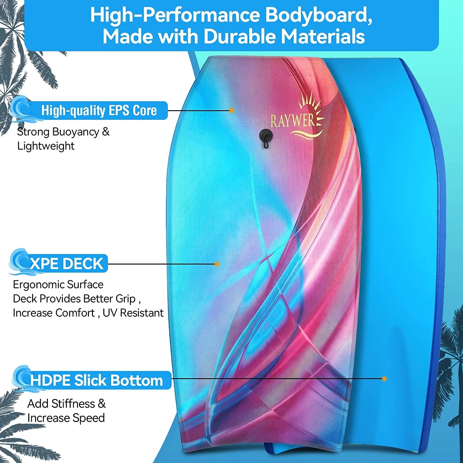 Lightweight Body Board with EPS Core, HDPE Slick Bottom, Leash and Adjustable Wrist Rope J676826