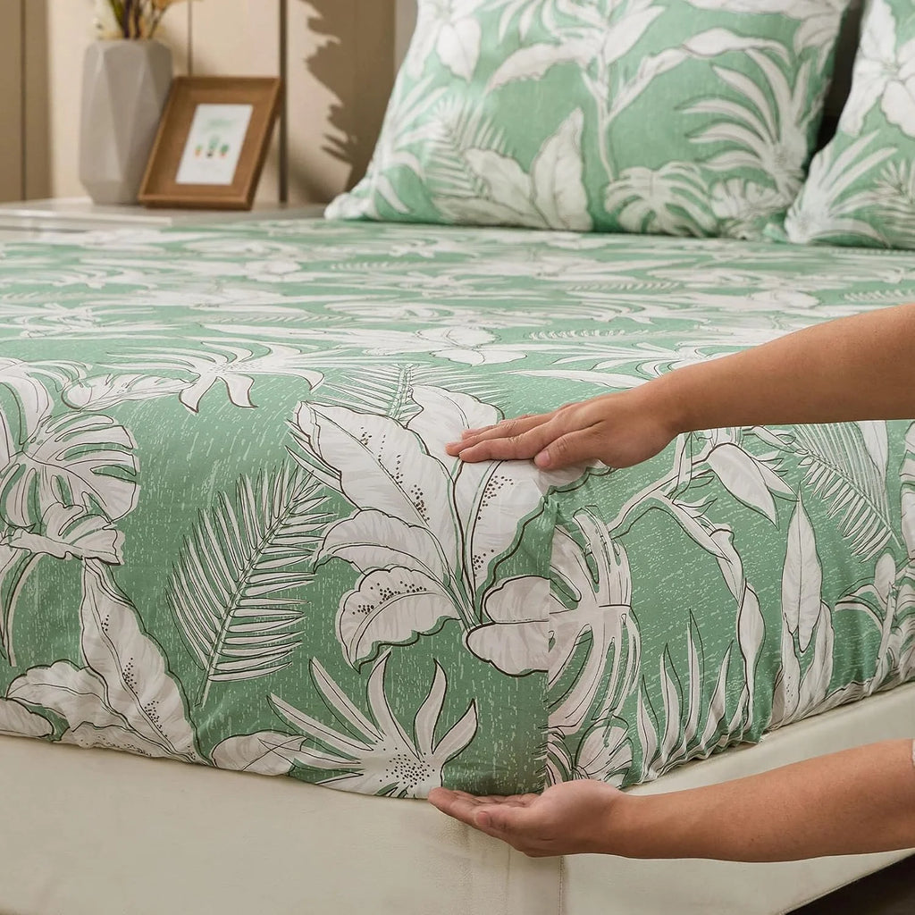 Green Floral Cotton Sheet Set Queen Size 4PC G8318