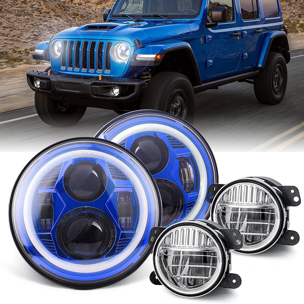 7 inch LED Headlight Round with DRL & Amber Turn Signal + 4 Inch LED Fog Lights N164