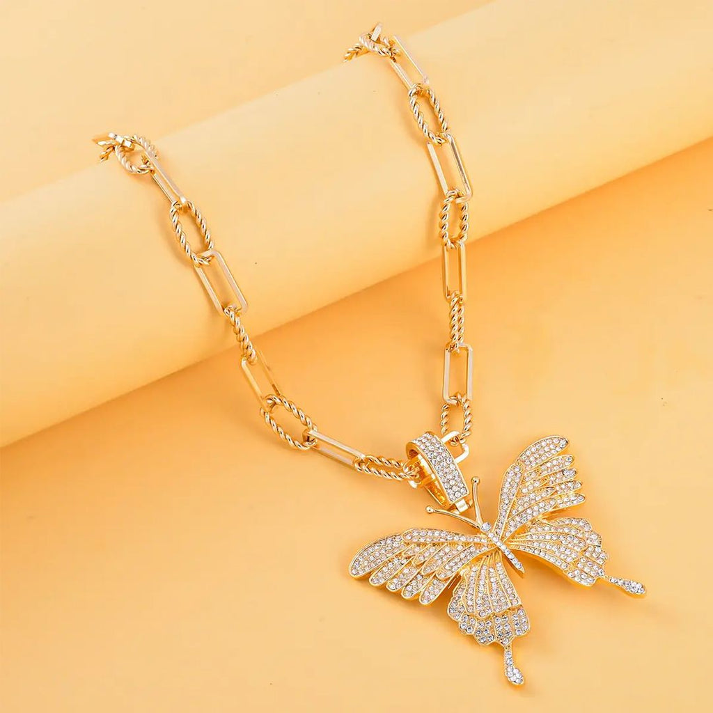 White Crystal Goldtone Butterfly Pendant Necklace 20-22" G7175