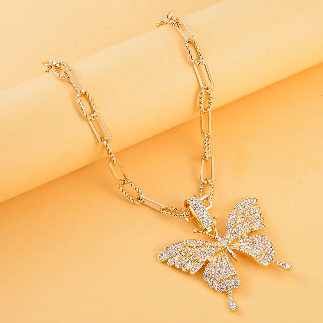 White Crystal Goldtone Butterfly Pendant Necklace 20-22" G7175
