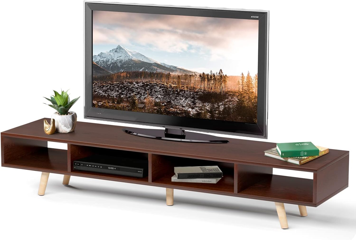 Natural Wood TV Stand with 4 Storage Shelves Y57881
