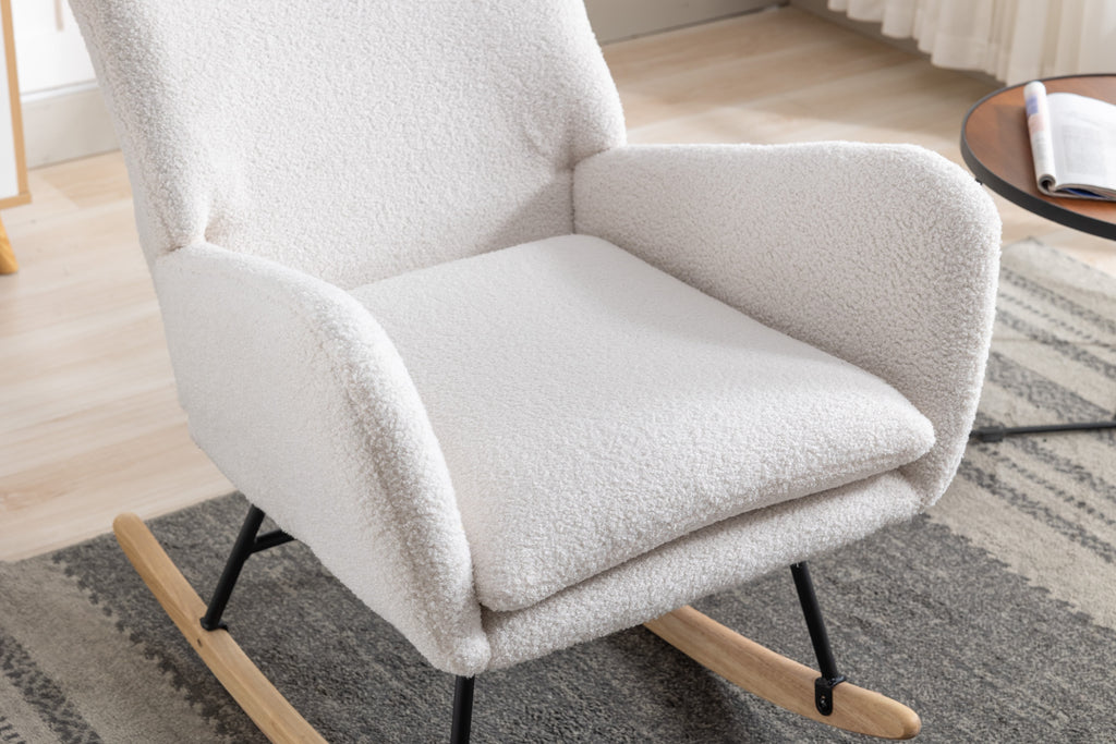 White Teddy Velvet Fabric Rocking Chair with Solid Wood Base B4975