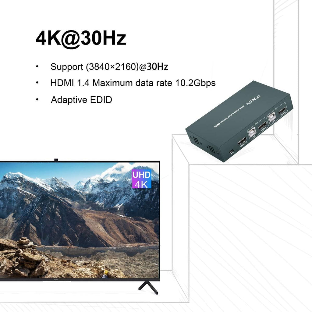 KVM Switch HDMI 2 Port, 4K@30Hz, USB2.0 Hub, with 2 HDMI and 2 USB Cables L6341