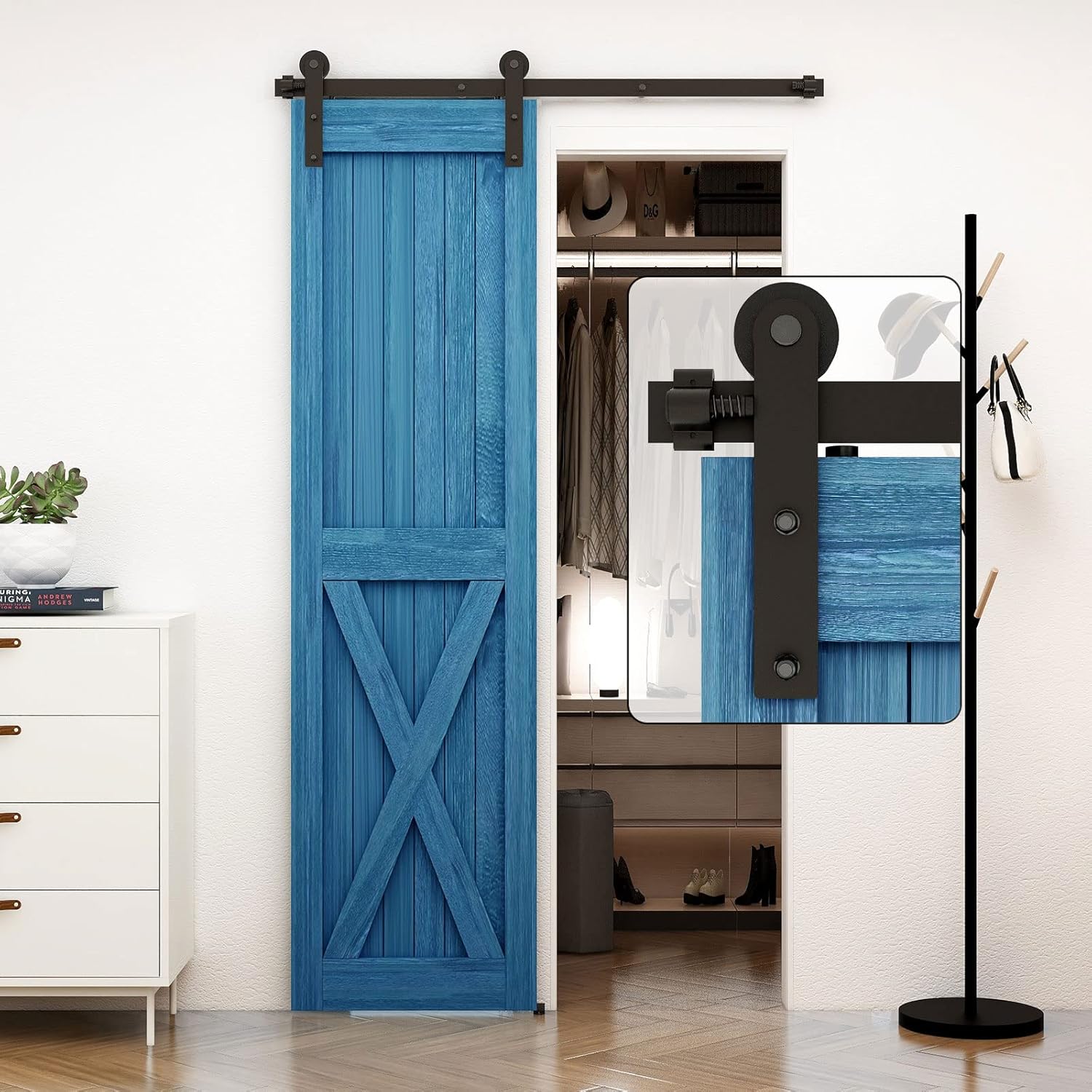 6.6FT Single Sliding Barn Door Hardware Kit Black Carbon Steel Flat Track System 5-Piece Rails Pack of 2 B281
