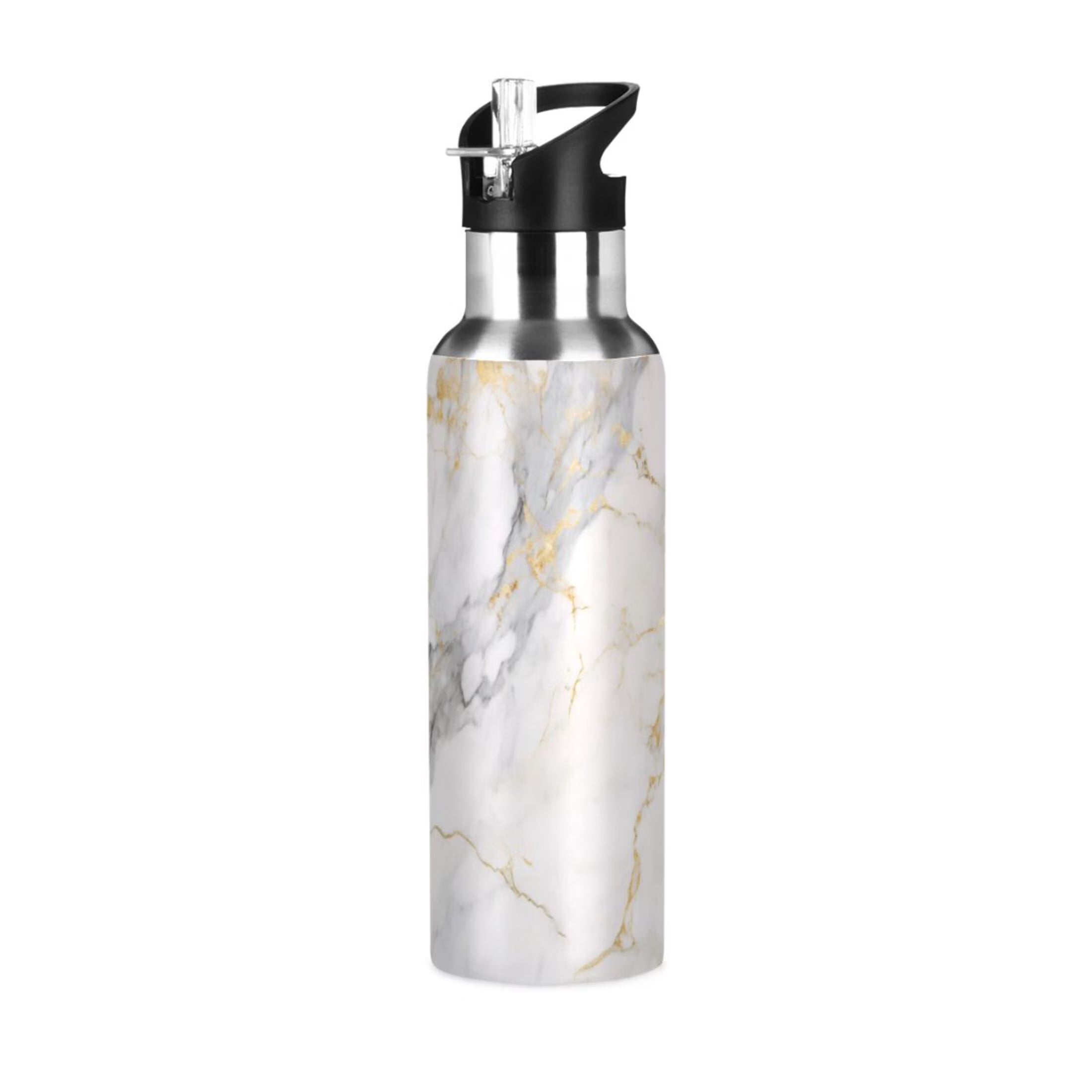 White and Golden Marble Stainless Steel Insulated Water Bottle with Straw Lid J7664