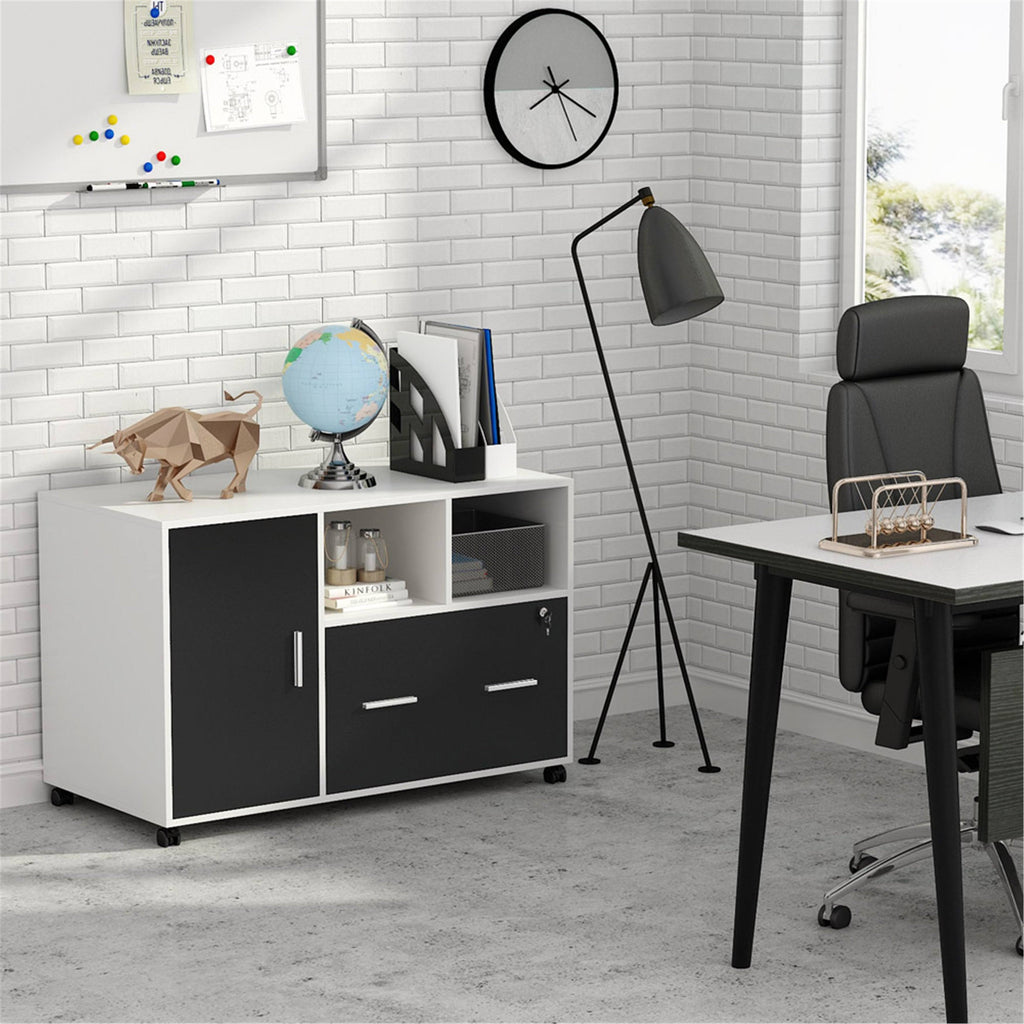 Black Mobile Lateral File Cabinet with Lock and Drawer B8188