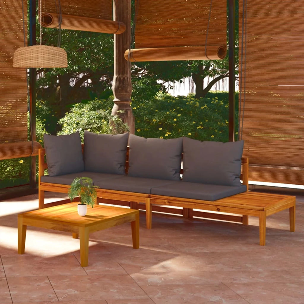3 Piece Dark Gray Cushioned Corner Sofa and Table Acacia Wood Sectional Outdoor Furniture Set N25013