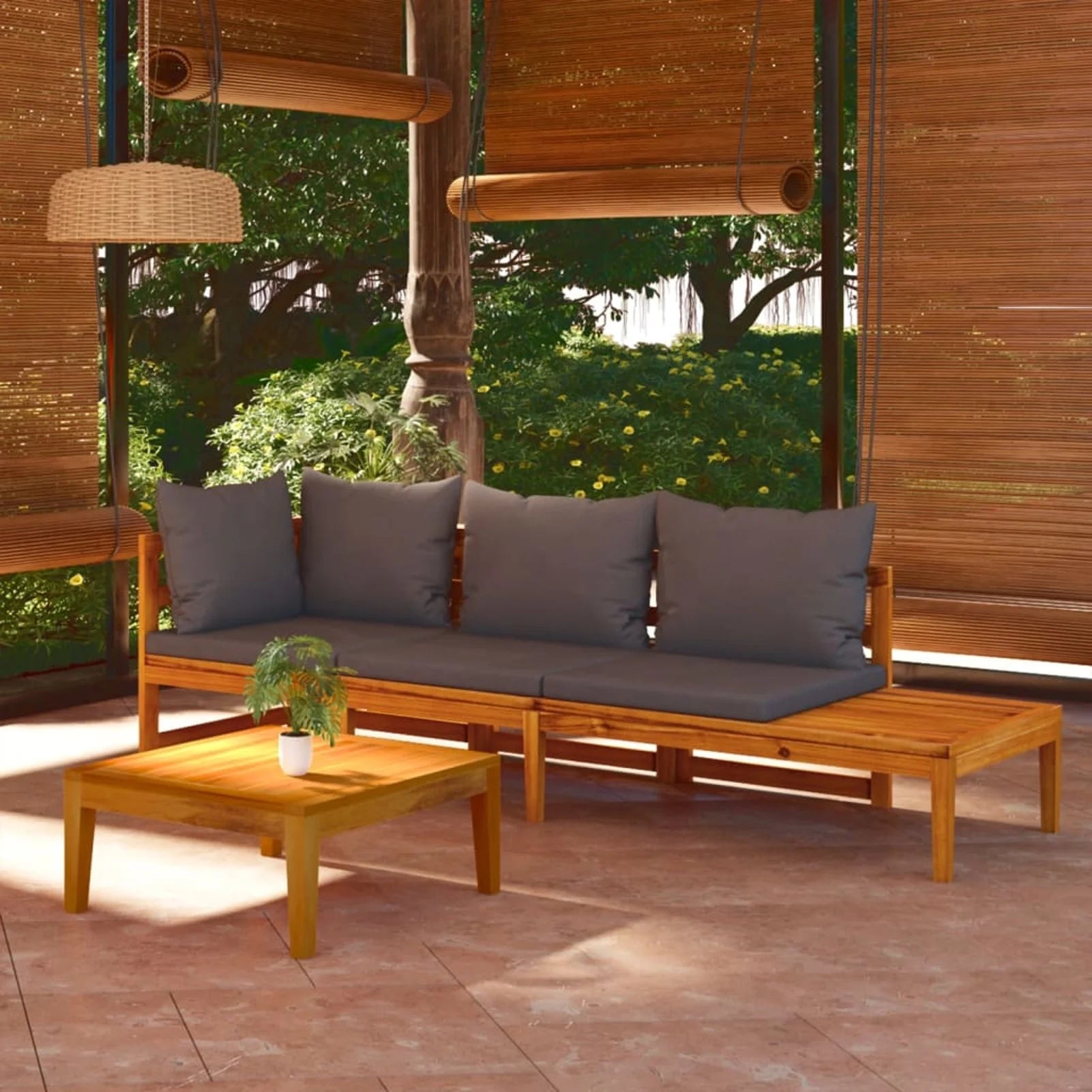 3 Piece Dark Gray Cushioned Corner Sofa and Table Acacia Wood Sectional Outdoor Furniture Set N25013
