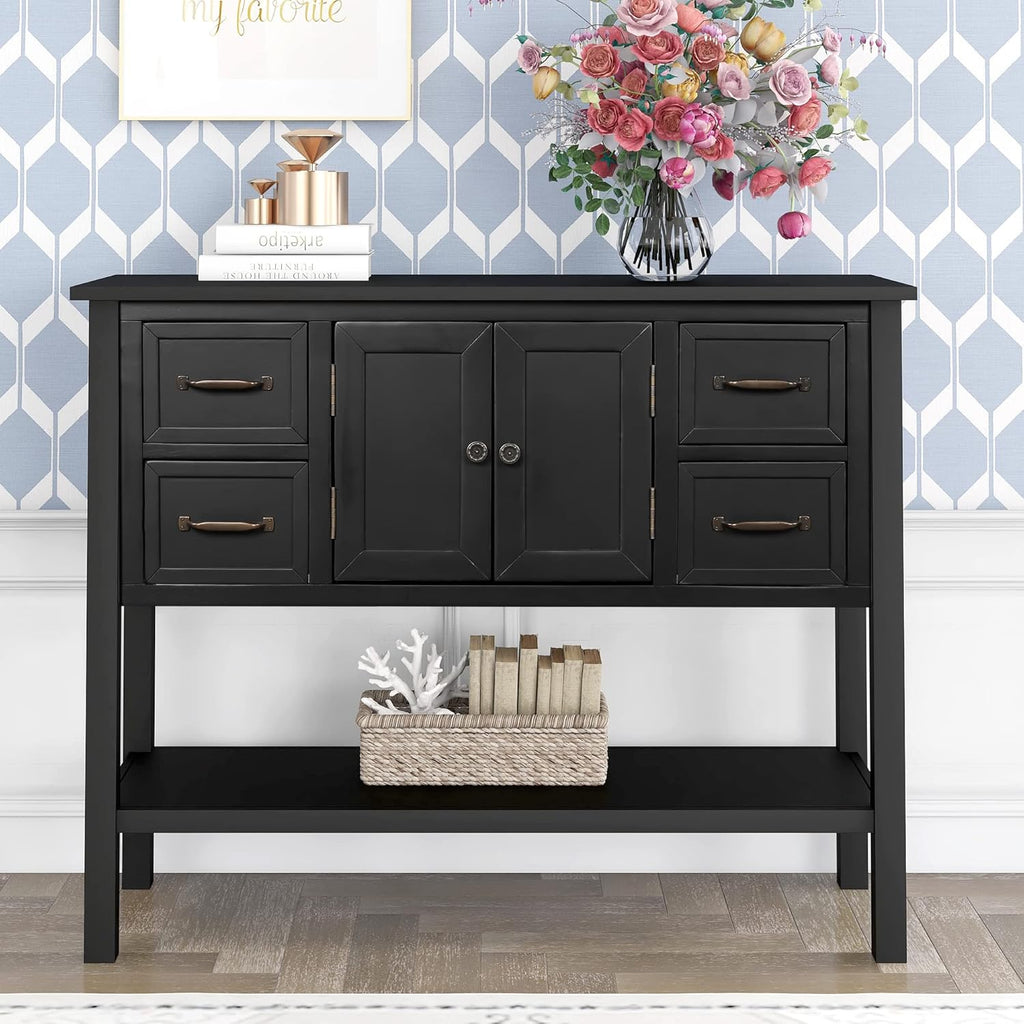 Navy Blue 6 Drawers Console Table with Cabinet and Shelf W15422