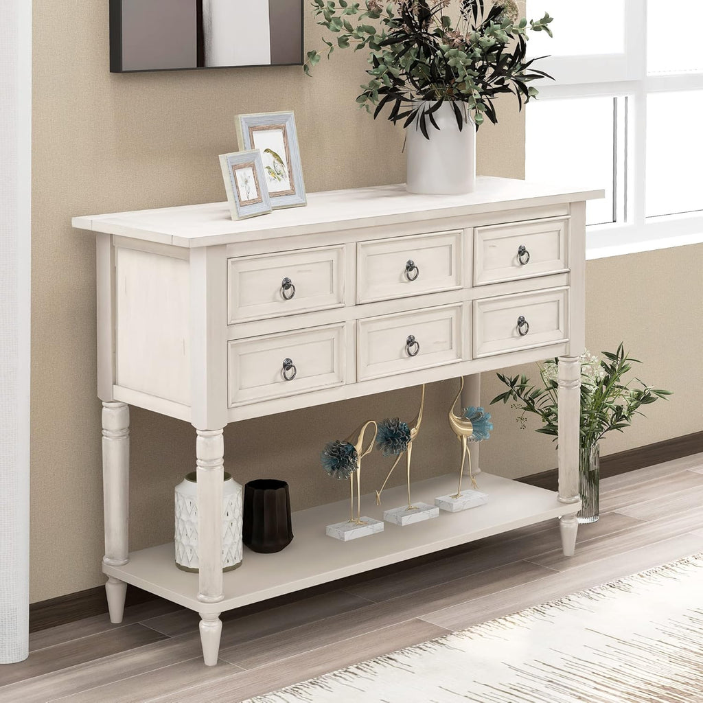 Navy Blue 6 Drawers Console Table with Cabinet and Shelf W15422