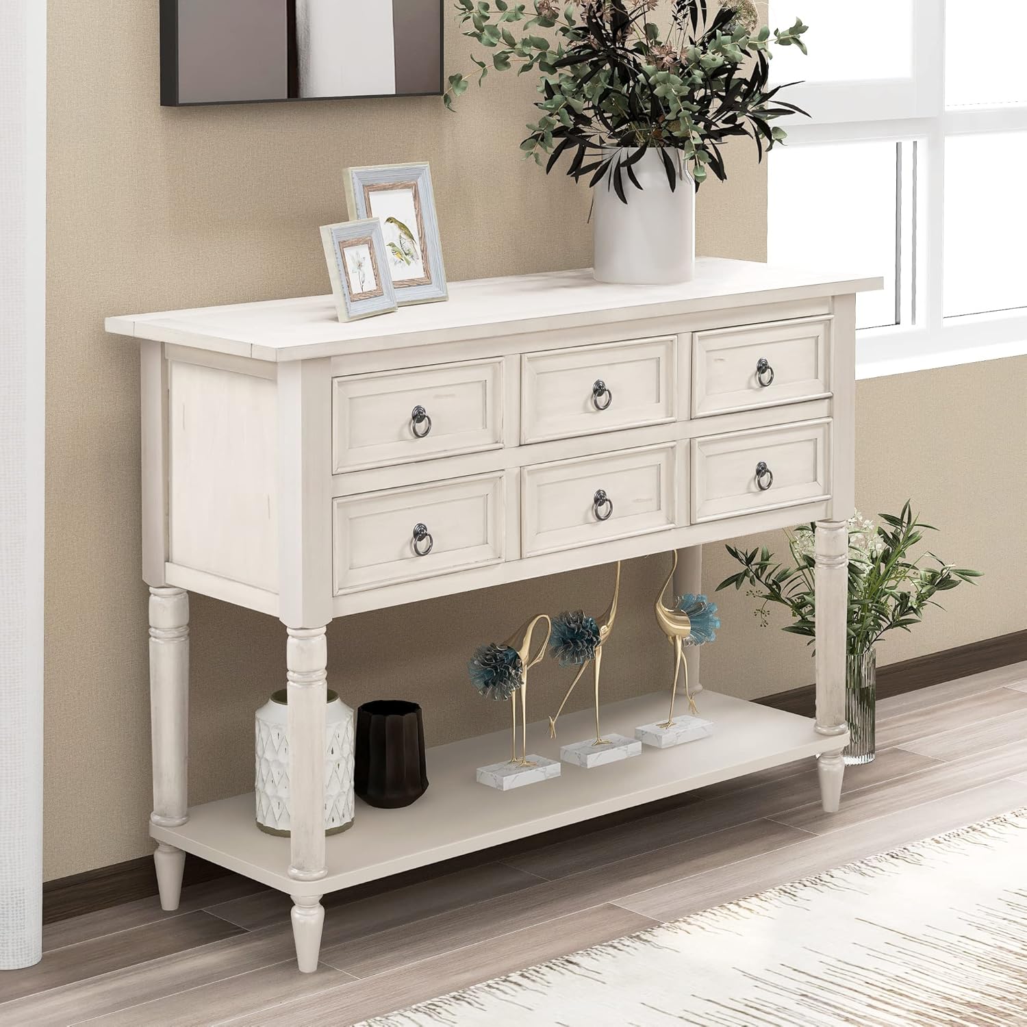 Navy Blue 6 Drawers Console Table with Cabinet and Shelf W15422