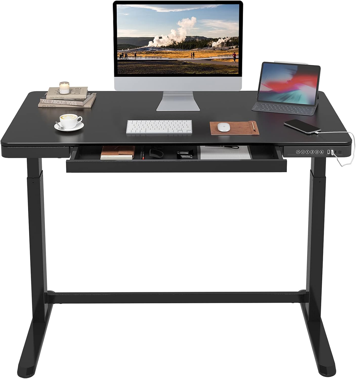 Electric Height Adjustable Standing Desk with Drawers 48 Inches Red Oak Desktop White Frame V706517