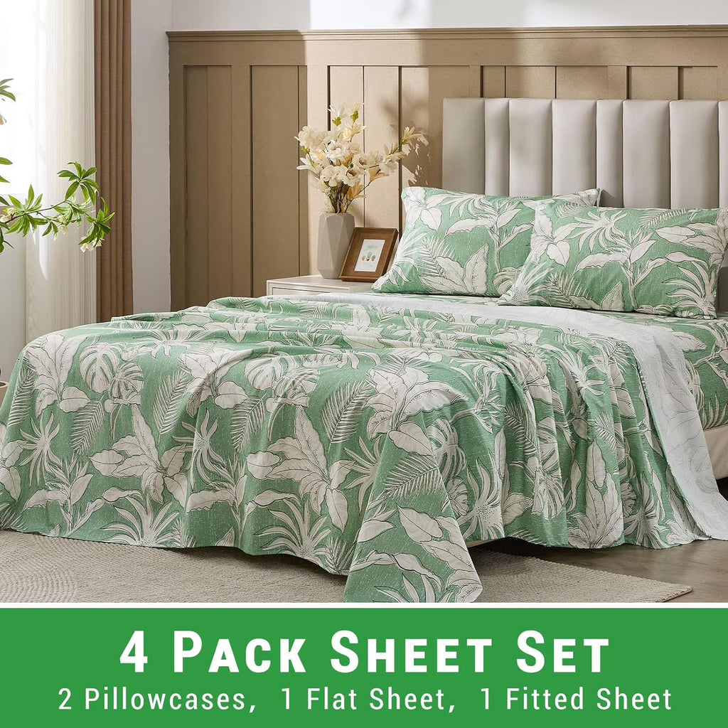 Green Floral Cotton Sheet Set Queen Size 4PC G8318
