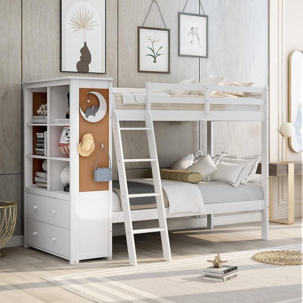 White Solid Wood Twin Over Twin Bunk Bed with Storage Staircase, Slide, and Two Drawers Z765