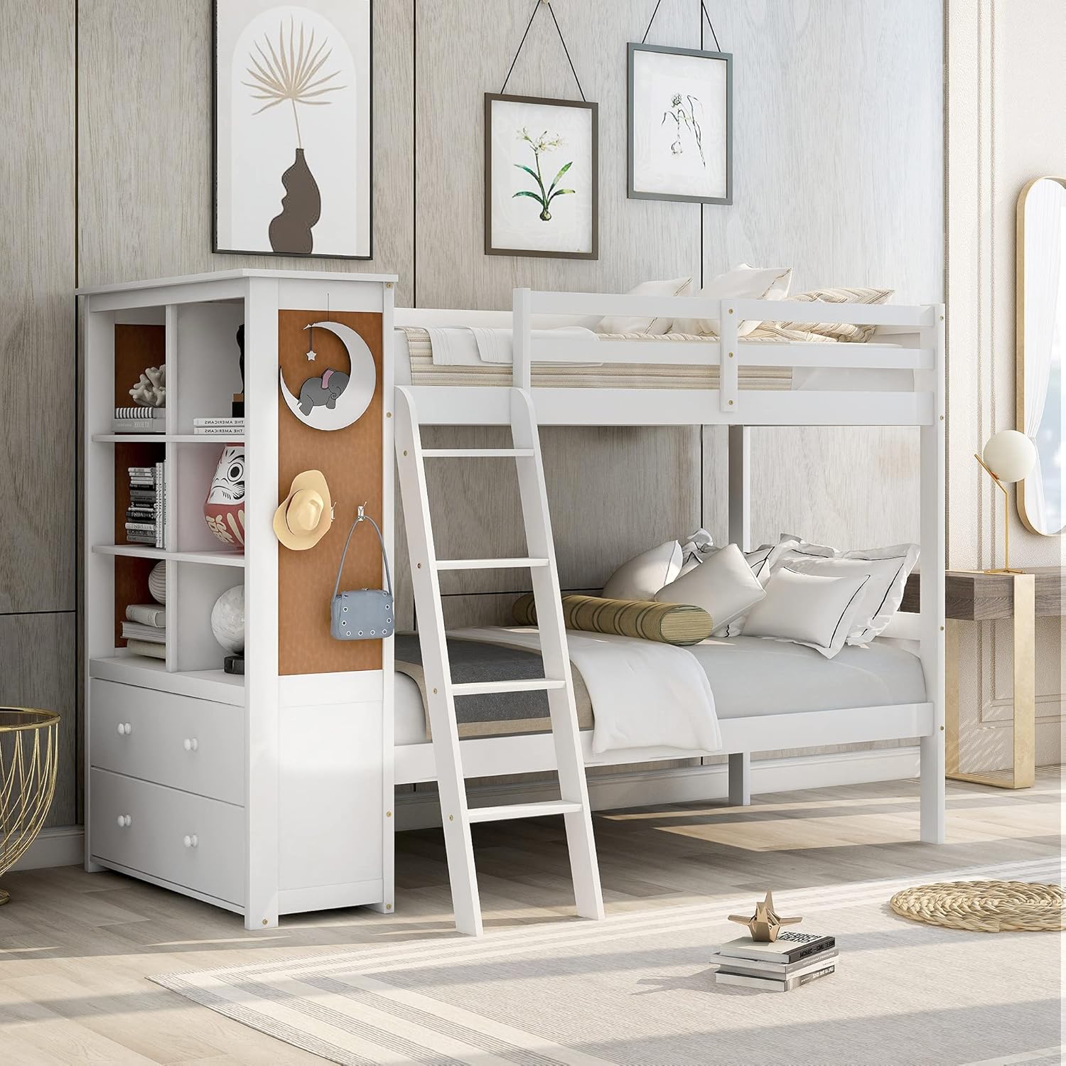 White Solid Wood Twin Over Twin Bunk Bed with Storage Staircase, Slide, and Two Drawers Z765