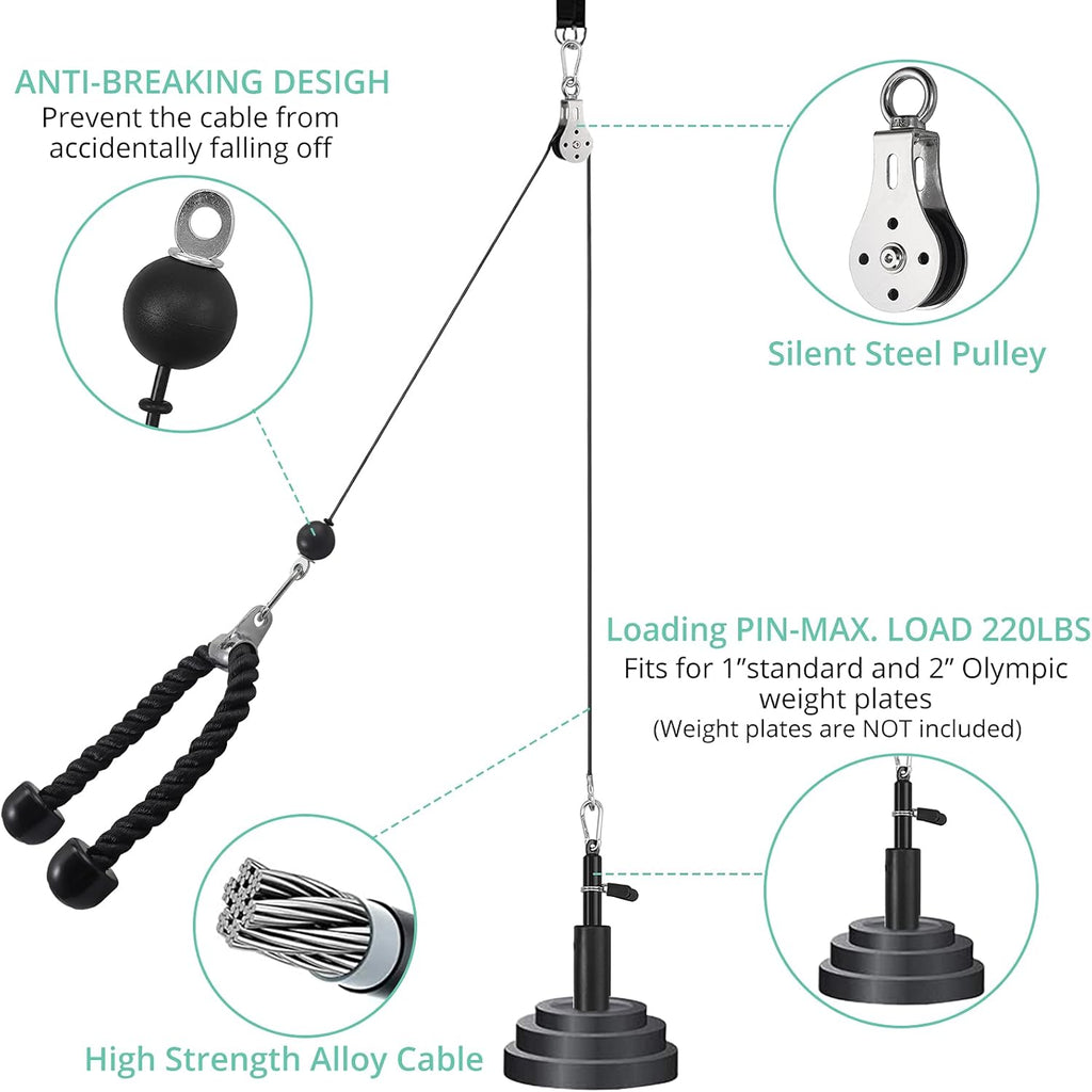 Fitness Pulley System with Tricep Rope, LAT Pull Down Bar N862