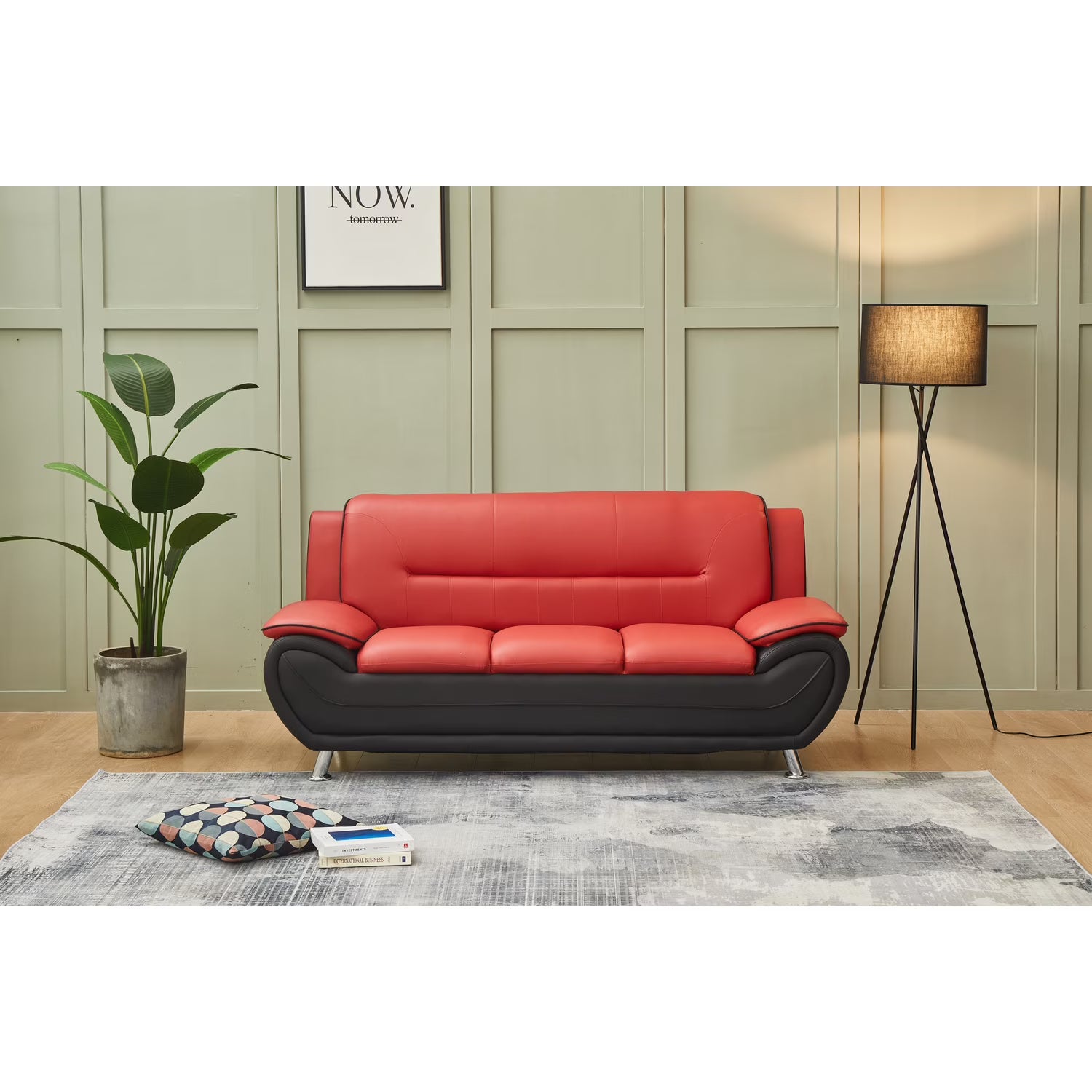 Black/Red Faux Leather Sofa with Pillow Armrests L325890