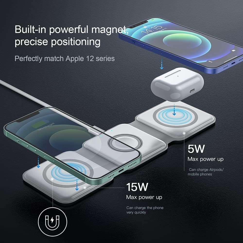 3 in 1 Magnetic Wireless Charging Stand with Cable for iPhone AirPods iWatch Android, White U7187