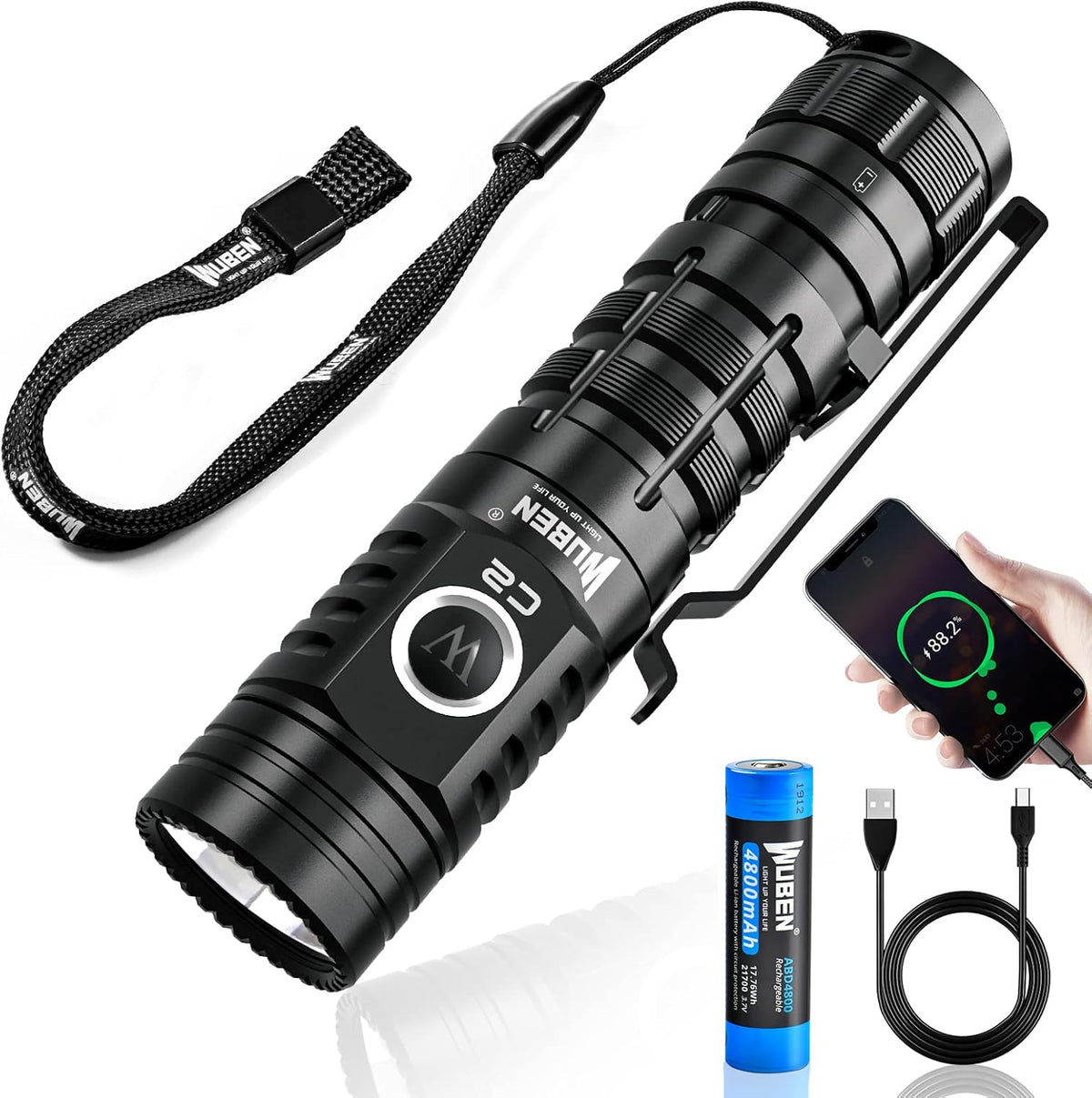 Rechargeable Flashlight 2000 Lumen, Pocket Flashlight with Lanyard, IP68 Waterproof Tactical Flashlight B39736