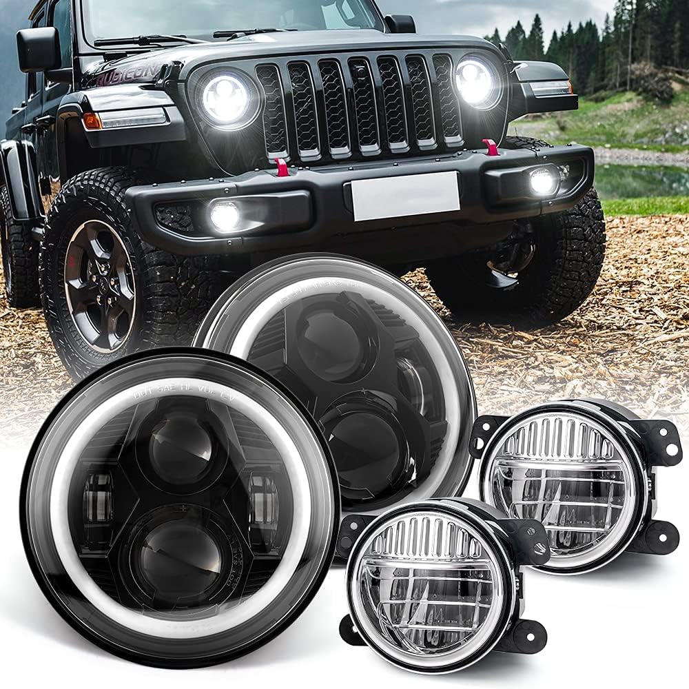 7 inch LED Headlight Round with DRL & Amber Turn Signal + 4 Inch LED Fog Lights N164