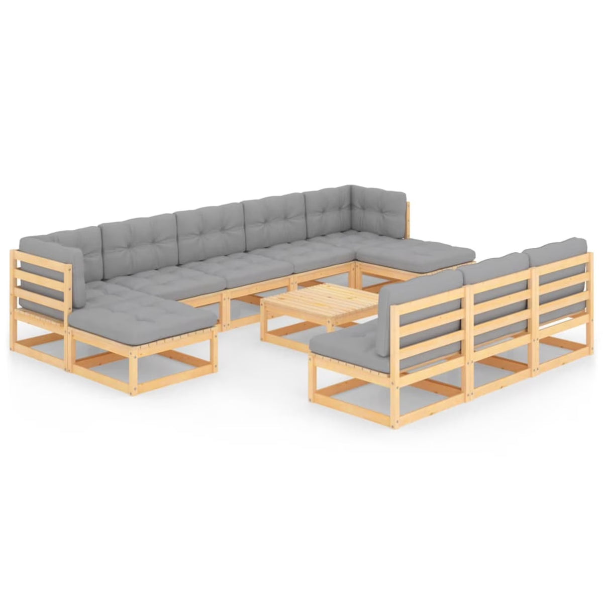 11 Piece Patio Lounge Set with Gray Cushion Pinewood Sectional Outdoor Furniture Set C926216