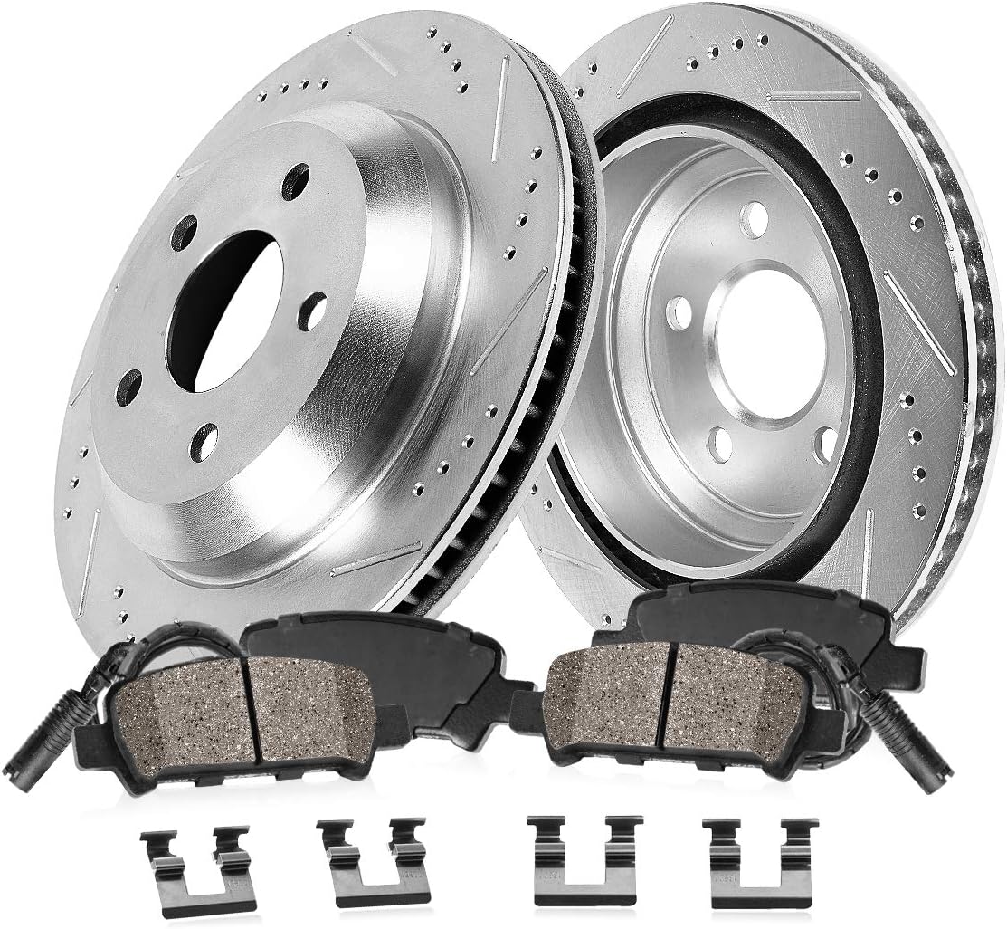REAR 344.7mm Drilled/Slotted 5 Lug Rotors + Brake Pads + Clips + Sensors J6017