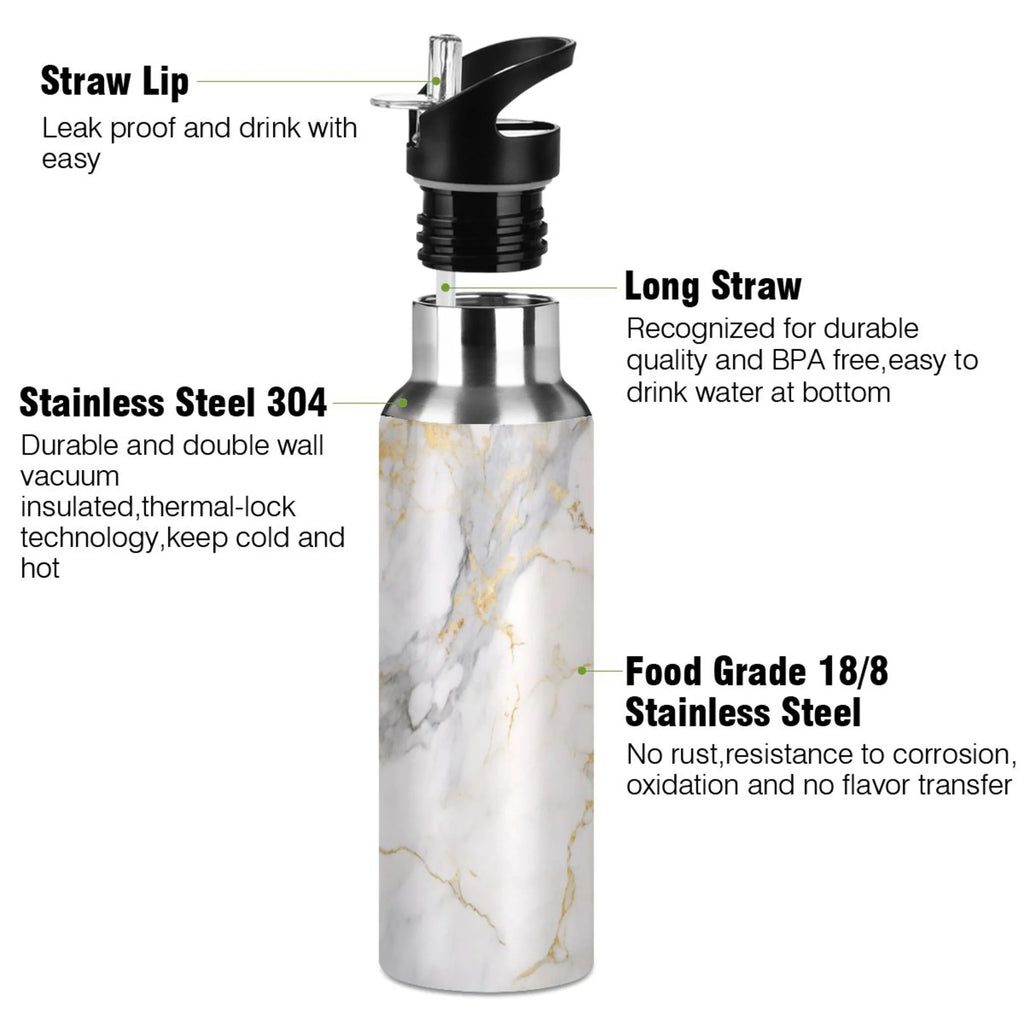 White and Golden Marble Stainless Steel Insulated Water Bottle with Straw Lid J7664