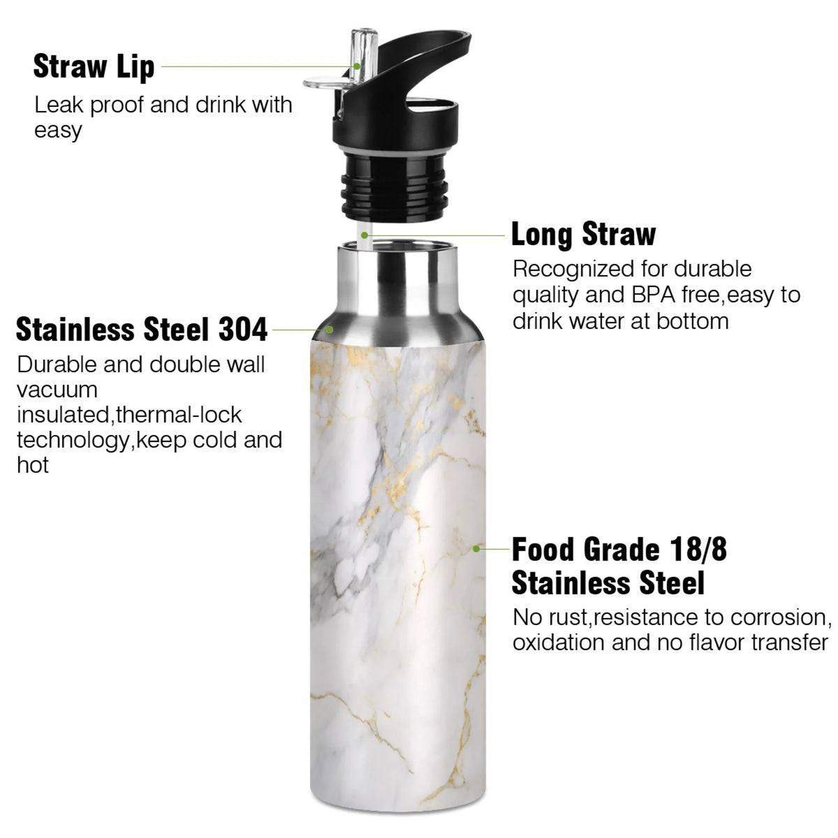 White and Golden Marble Stainless Steel Insulated Water Bottle with Straw Lid J7664