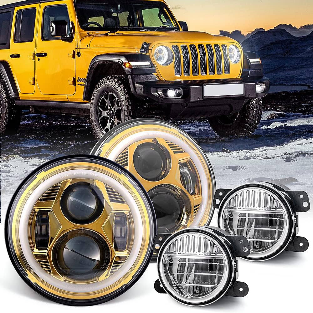 7 inch LED Headlight Round with DRL & Amber Turn Signal + 4 Inch LED Fog Lights N164