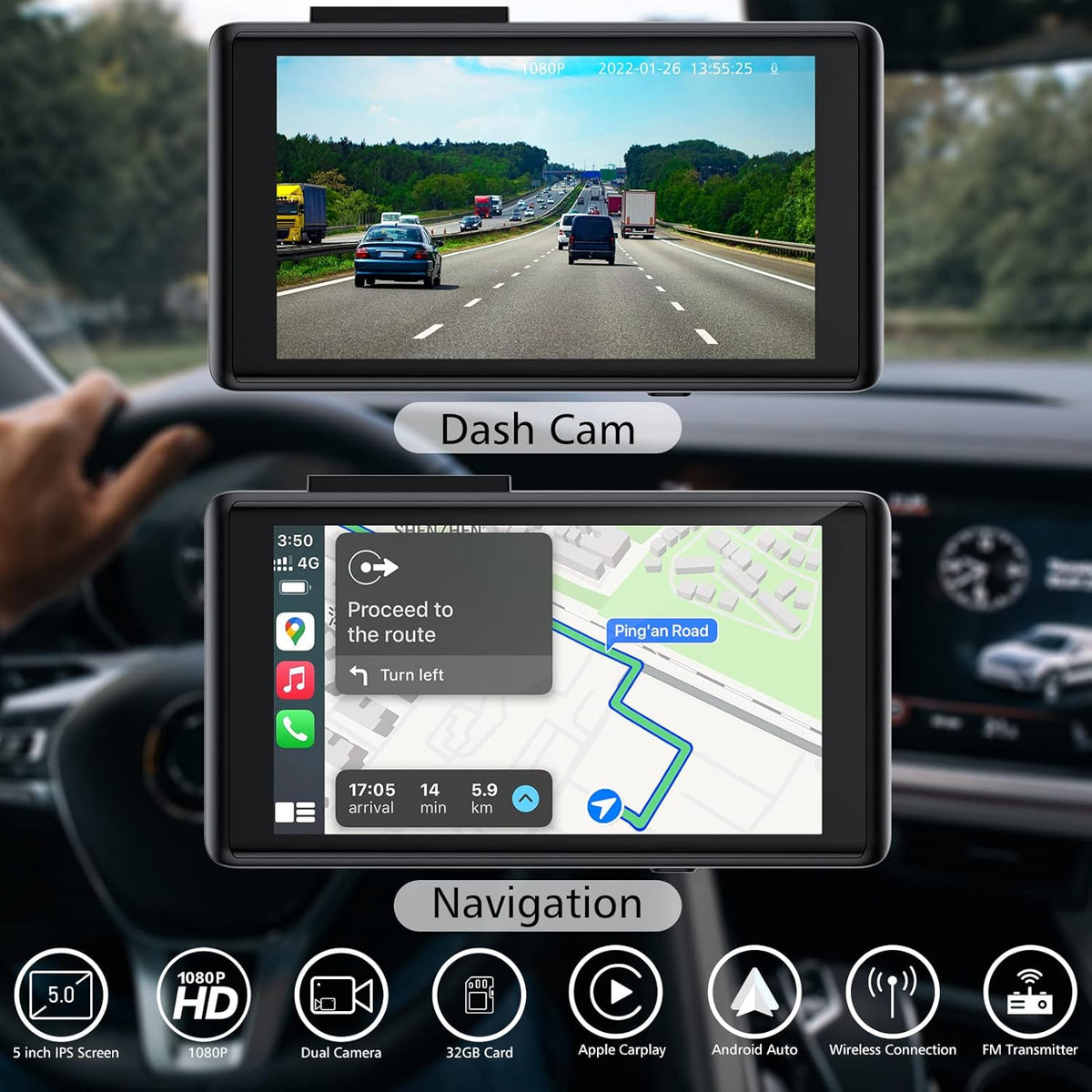Dash Cam with Navigation, 1080P Front and Rear Cameras, 5 Touchscreen W93308